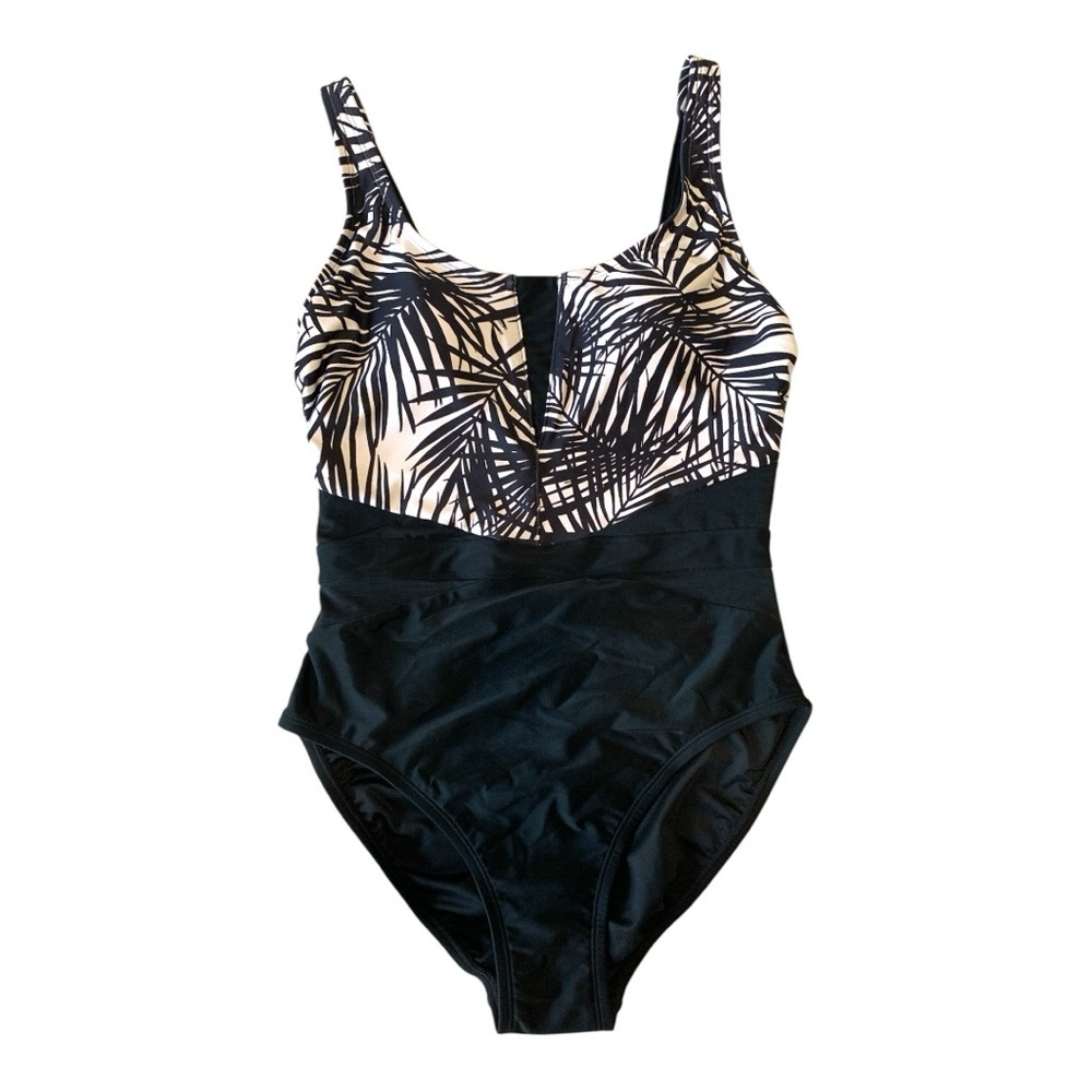 Black White Palm Print One Piece Swimsuit Tummy Control Size 10 NWT - Picture 5 of 9